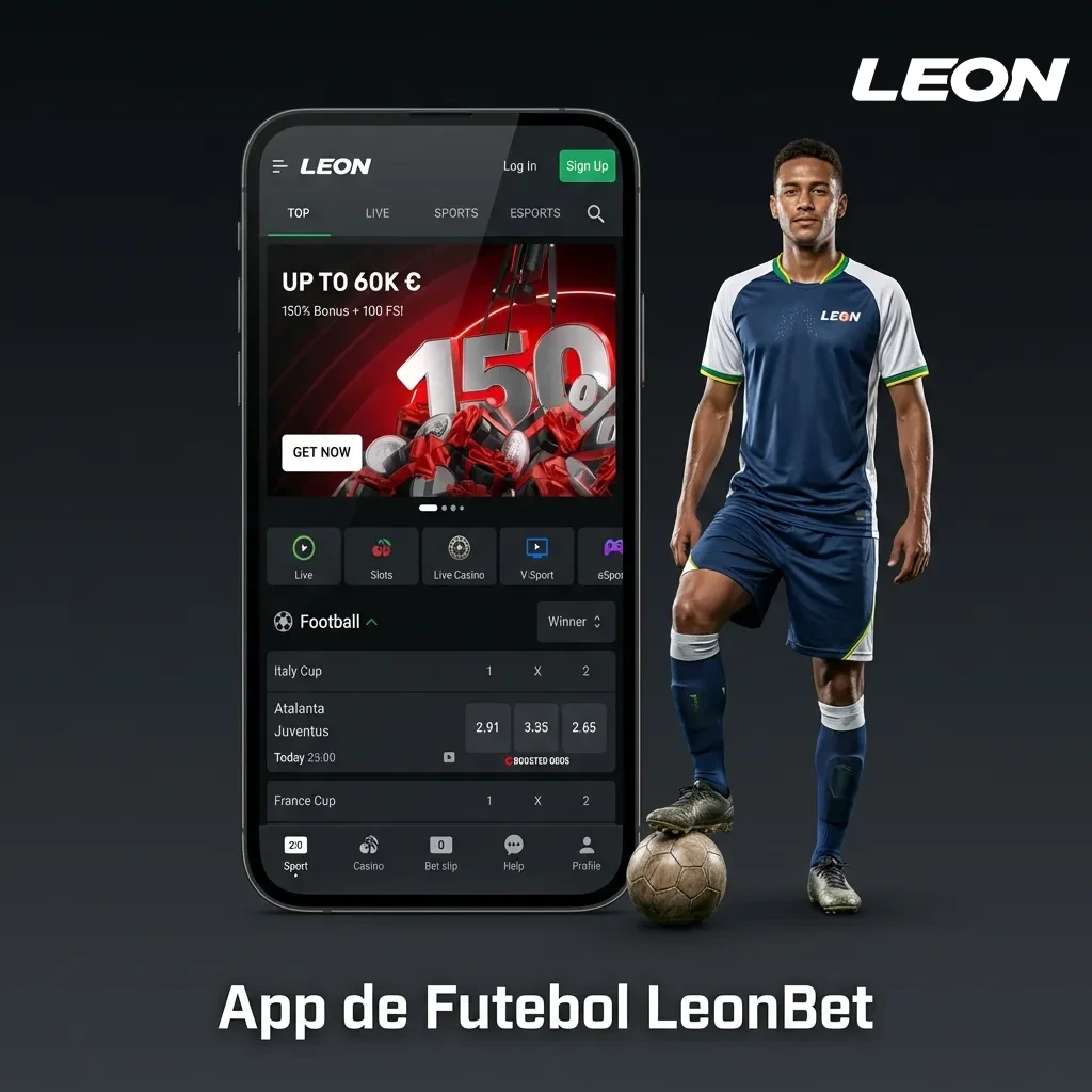 LeonBet futebol app interface mostrando opções de apostas, ligas e mercados em dispositivo móvel.