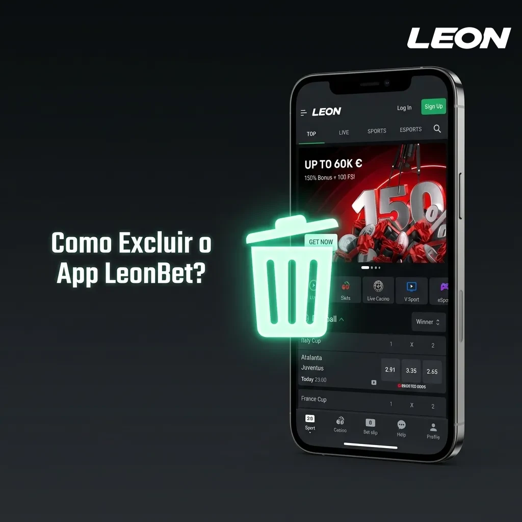 Tela do smartphone mostrando o processo de desinstalação do aplicativo LeonBet em dispositivos Android e iOS.