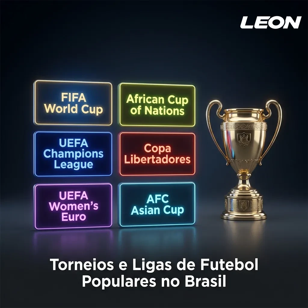 Torneios populares de futebol no Brasil, incluindo a Copa do Mundo, a Liga dos Campeões, a Libertadores e o Campeonato Brasileiro.