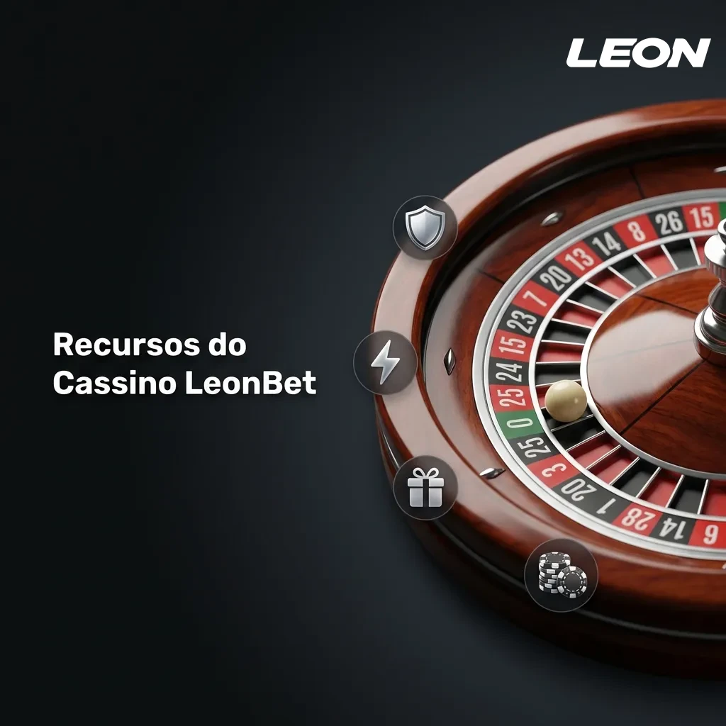 Ícones representando recursos do LeonBet: pagamentos em reais, app mobile, criptomoedas, suporte 24/7 e saques rápidos.