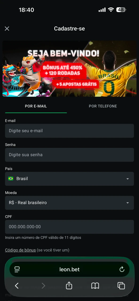 Crie uma nova conta LeonBet.