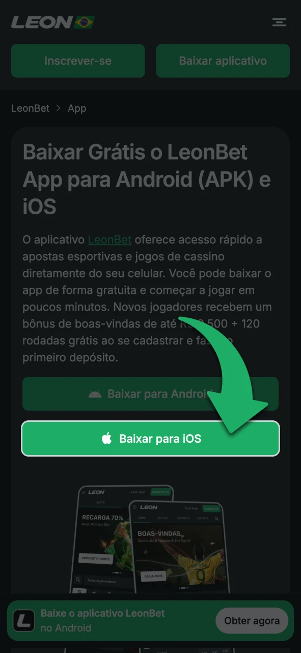Toque no botão de download do LeonBet para iOS na página.