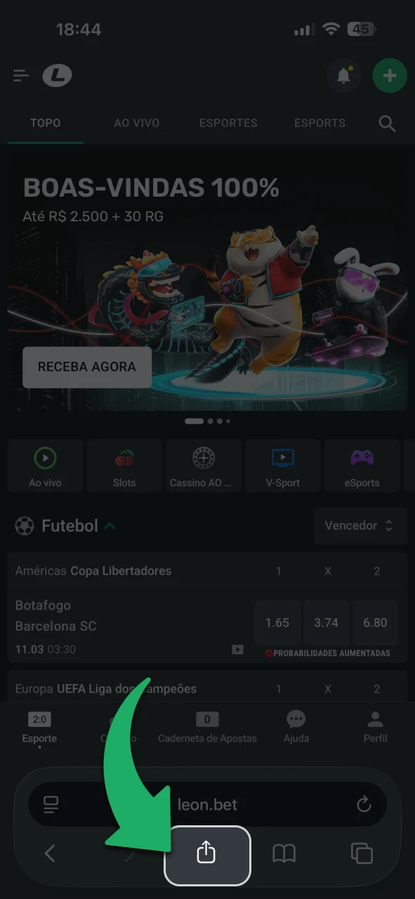 Toque no ícone de compartilhamento no site da LeonBet.
