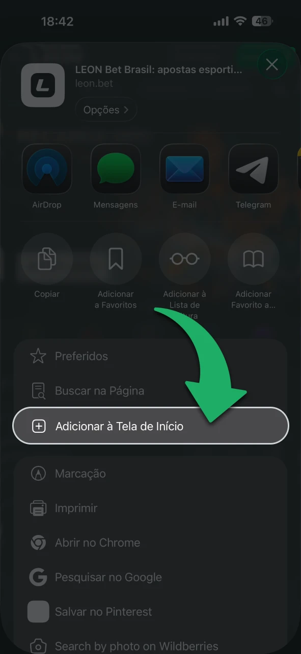 Toque na opção Adicionar à tela inicial no menu LeonBet.