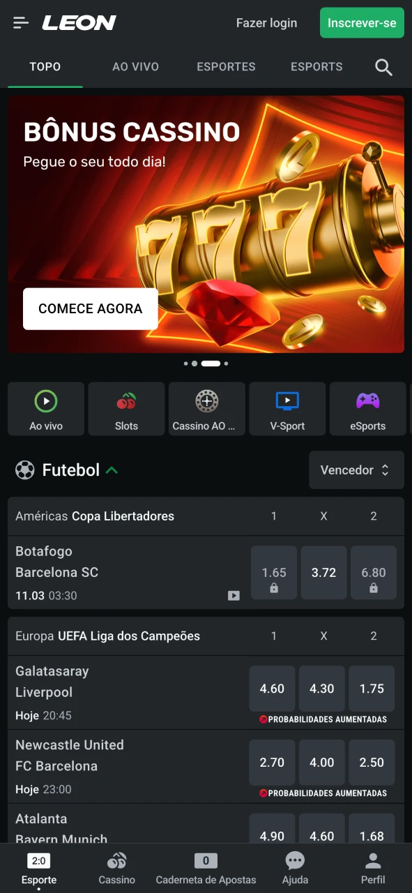 Acesse a página principal do aplicativo LeonBet.