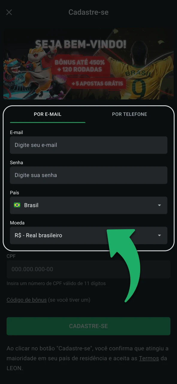 Crie sua conta na plataforma LeonBet.