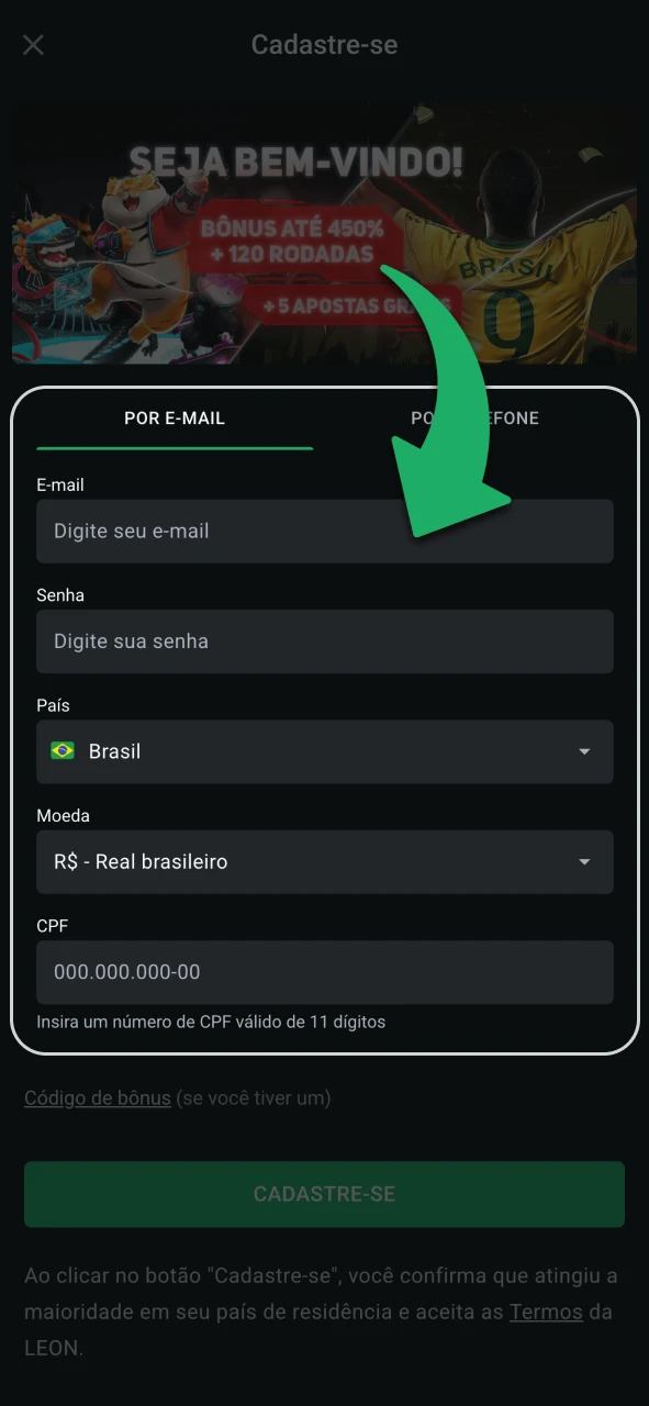 Crie sua conta no site da LeonBet.