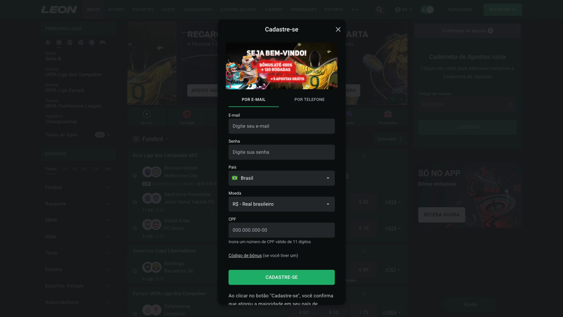 Abra o formulário de inscrição na plataforma LeonBet.