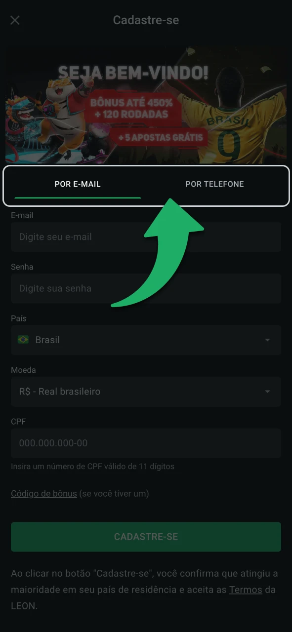 Escolha o método de cadastro que preferir na LeonBet.