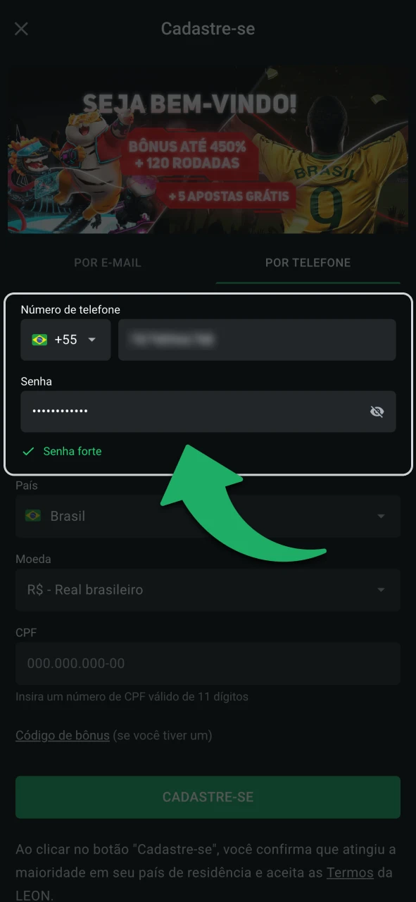 Insira suas informações pessoais no formulário de cadastro da LeonBet.